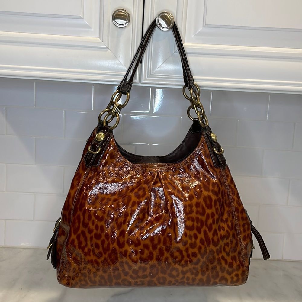 Coach Purse Handbag Leather Maggie Mia Ocelot Gloss Patent Hobo Shoulder Bag